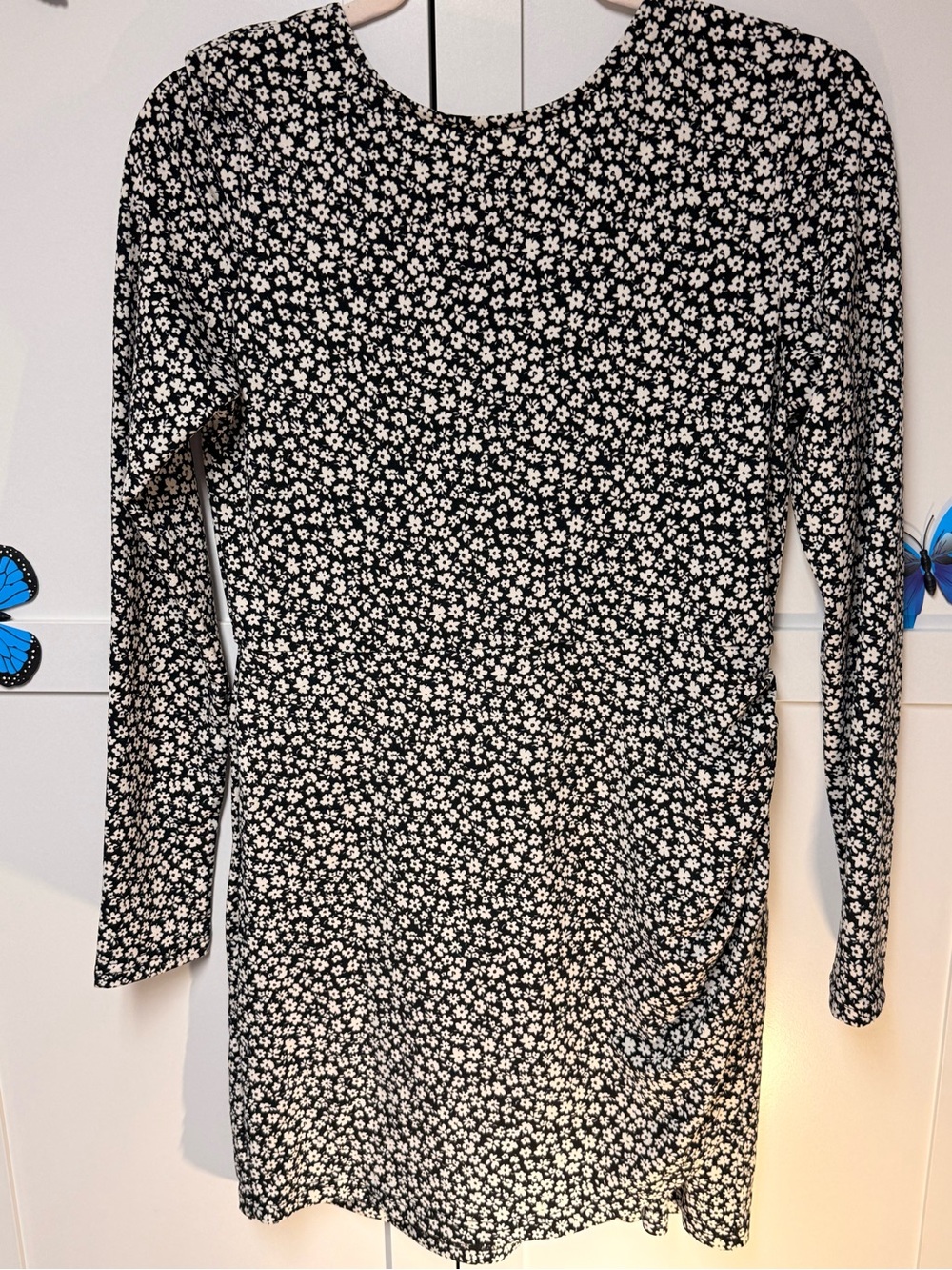 Mango Black & White Floral Long-Sleeve Dress